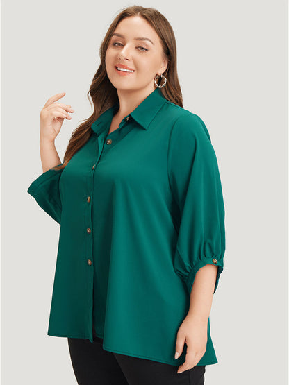 Anti-Wrinkle Solid Shirt Collar Lantern Sleeve Button Up Blouse