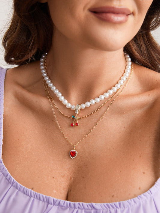 Pearl Decor Heart Charm Layered Necklace