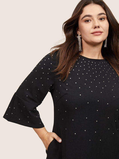 Rhinestone Curved Hem Bell Sleeve Dress