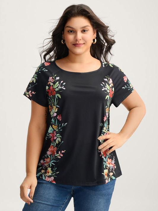 Floral Print Solid Round Neck T-Shirt