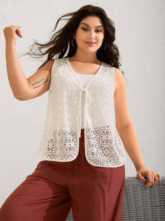 Lace Spliced Denim-Like Kimono Vest