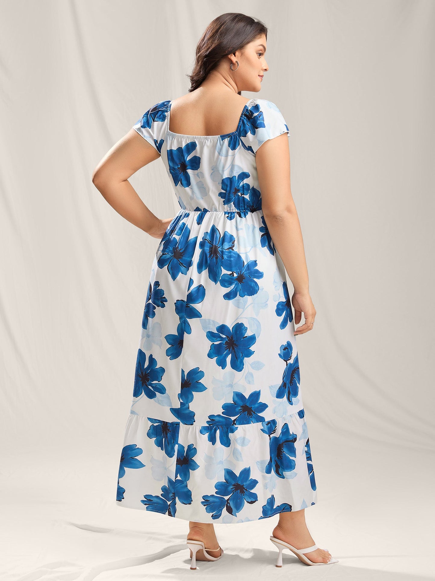Floral Pattern Shirred Pockets Midi Dress