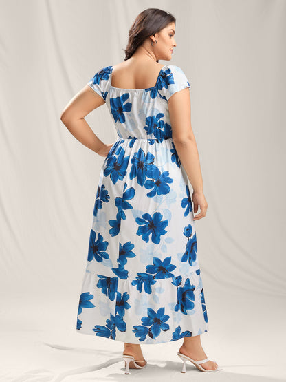 Floral Pattern Shirred Pockets Midi Dress