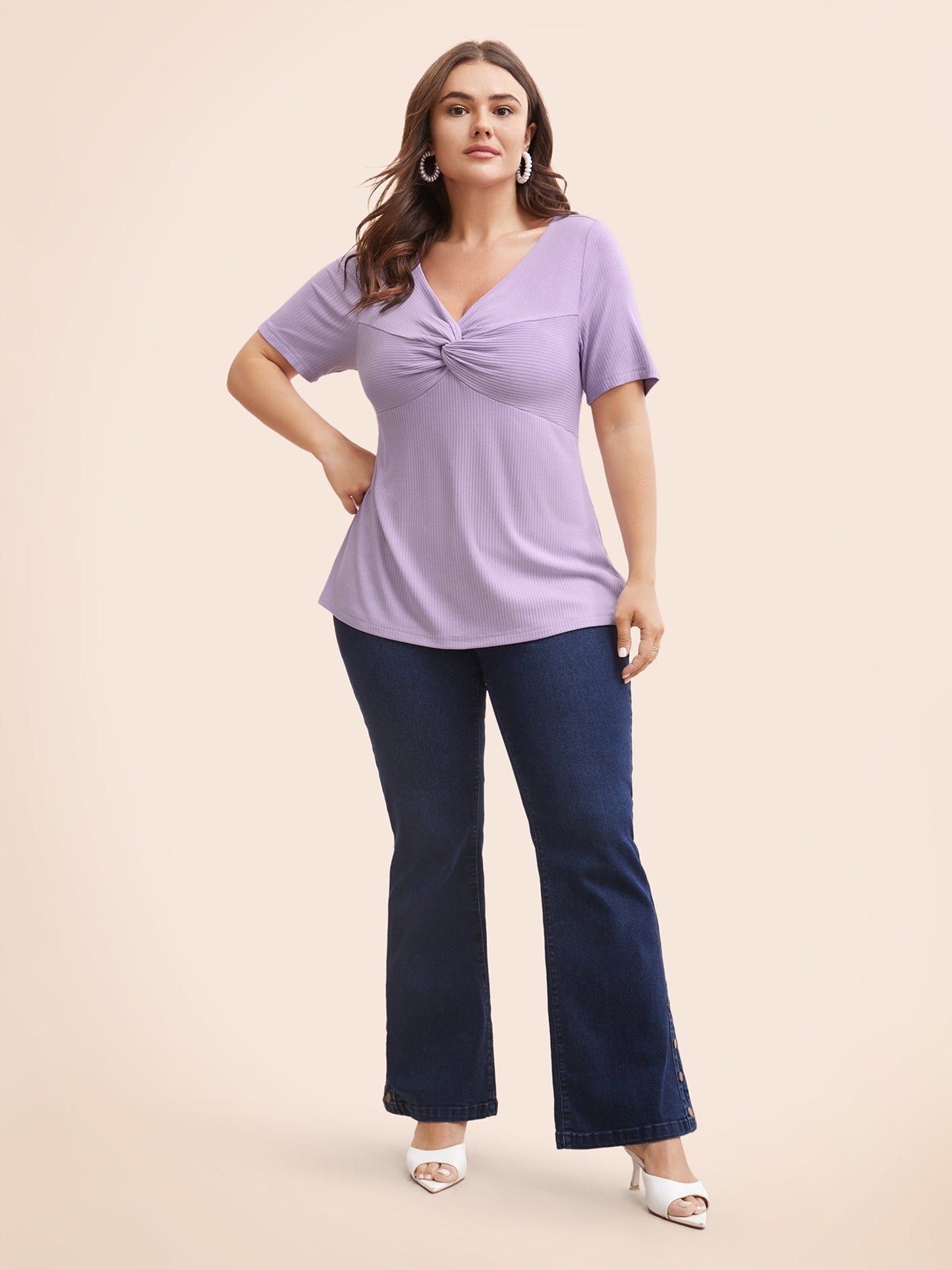 Plain Textured Rib Knit Twist Front T-shirt