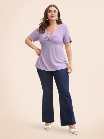 Plain Textured Rib Knit Twist Front T-shirt