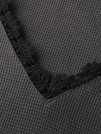 Lace Trim Textured V-Neck T-Shirt