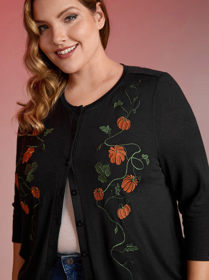 Floral Embroidery Stretch Knit Button Top