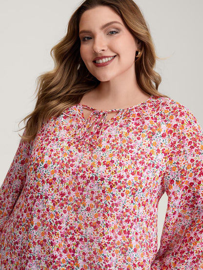 Sweet Floral Print Ruffled Neck Blouse