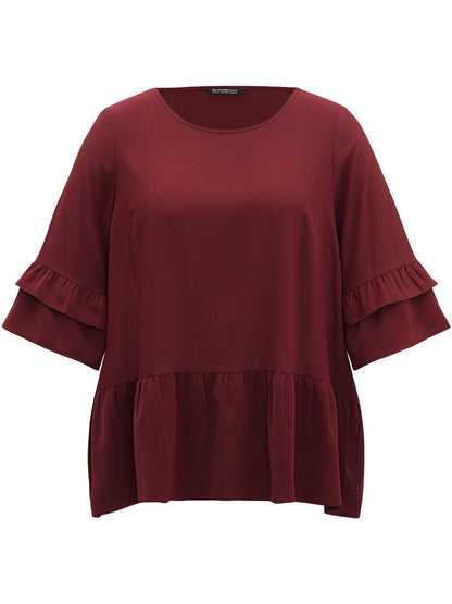 Anti-Wrinkle Plain Ruffle Layered Sleeve Crew Neck Blouse