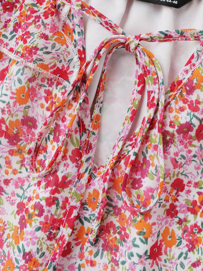 Sweet Floral Print Ruffled Neck Blouse