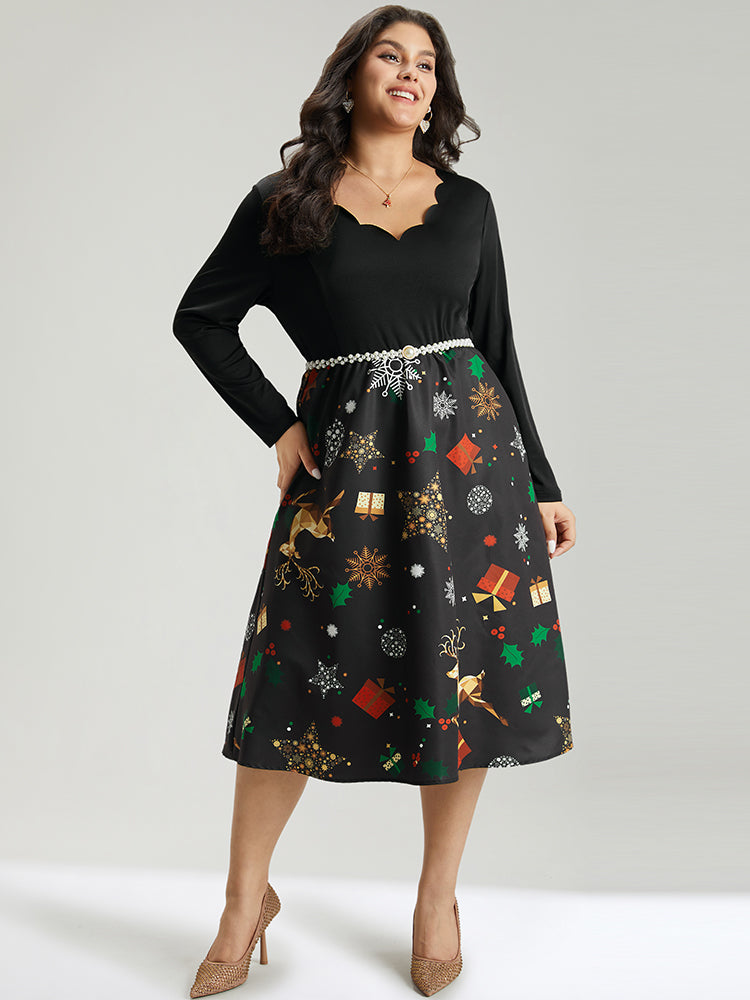 Christmas Print Patchwork Scalloped Trim Elastic Waist Dress