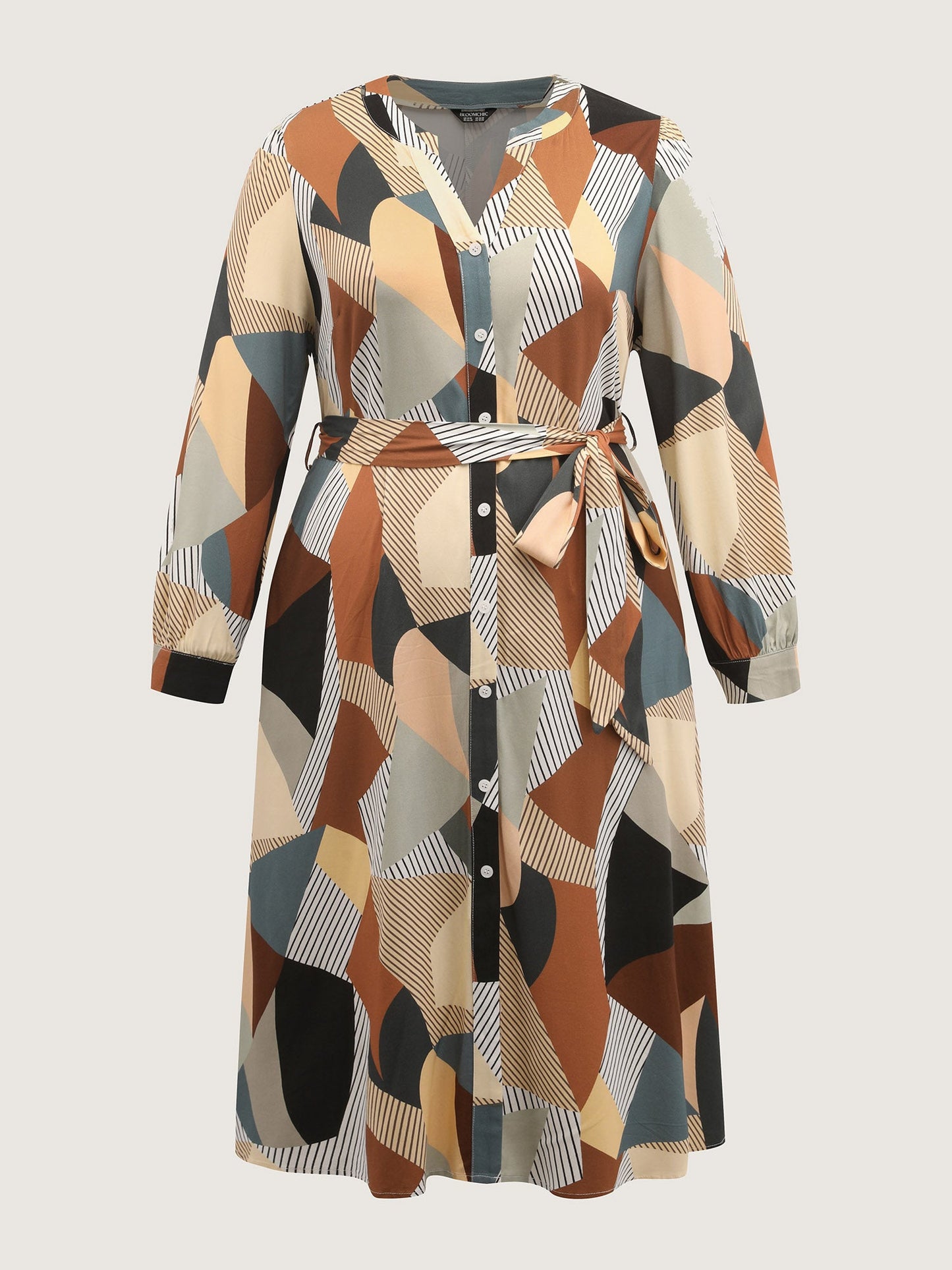 Geometric Print Contrast Tab Sleeve Midi Dress