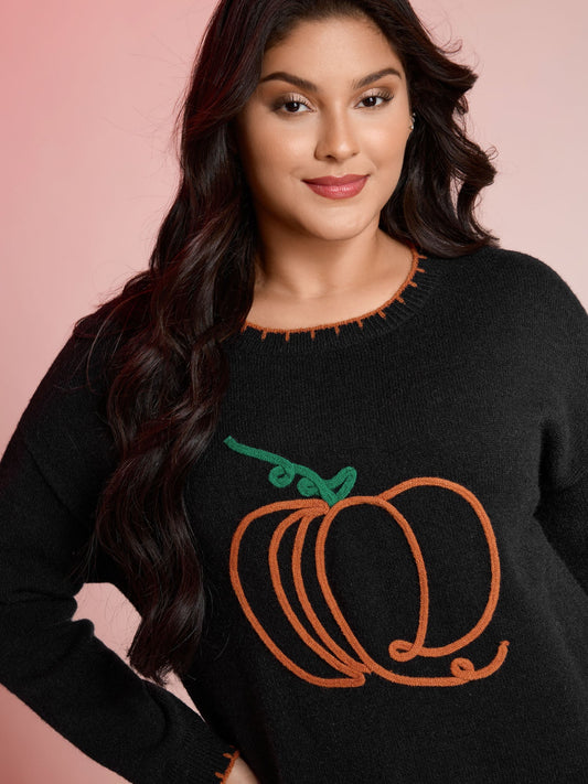 Pumpkin Rope Embroidery Contrast Pullover
