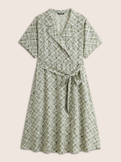 Geometric Suit Collar Button Up Belted Dress