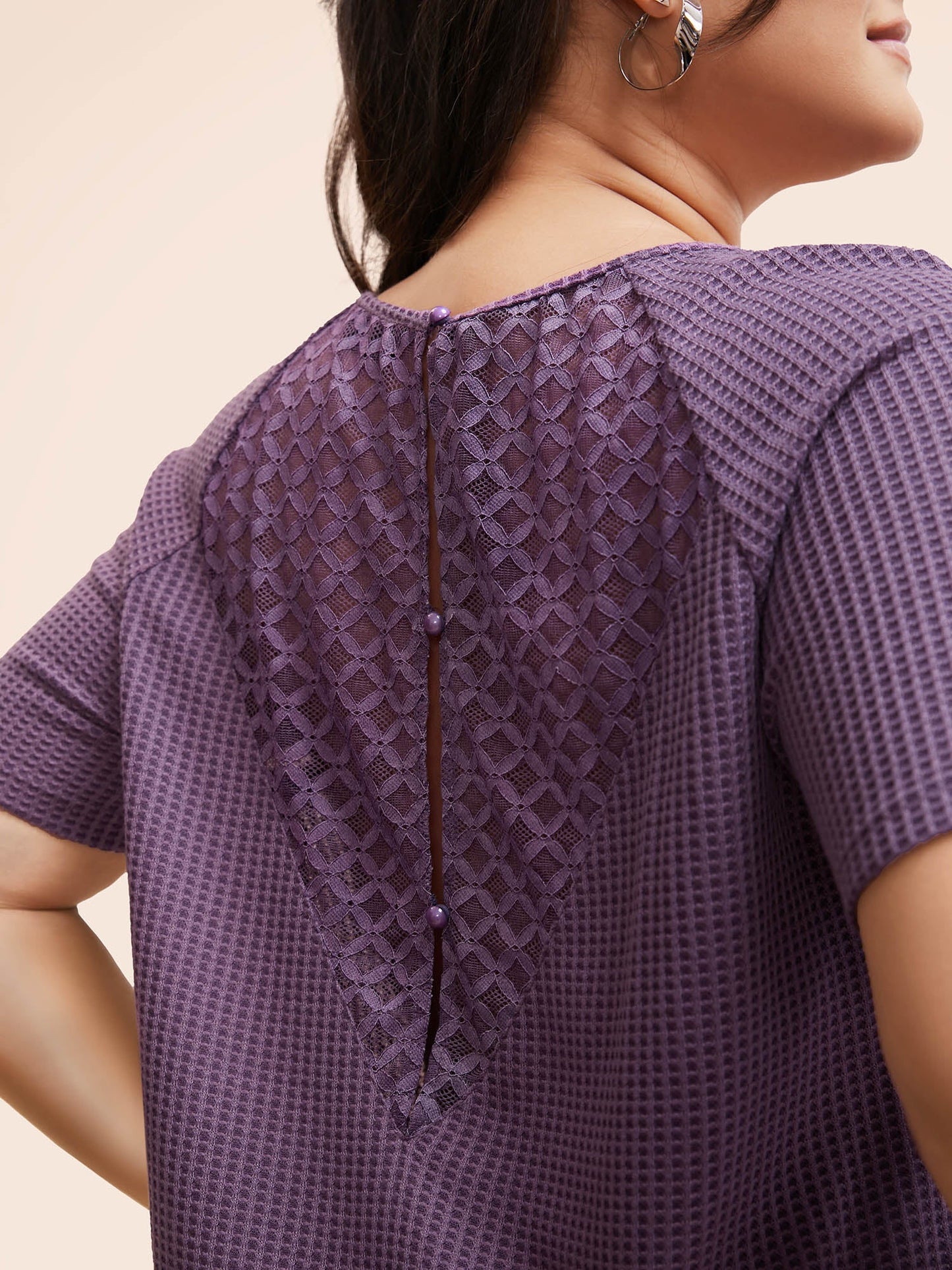 Waffle Knit Lace Patchwork Raglan Sleeve T-shirt