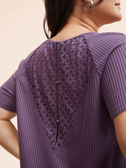 Waffle Knit Lace Patchwork Raglan Sleeve T-shirt