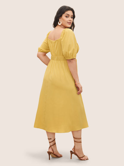 Plain Lantern Sleeve Drawstring Square Neck Dress