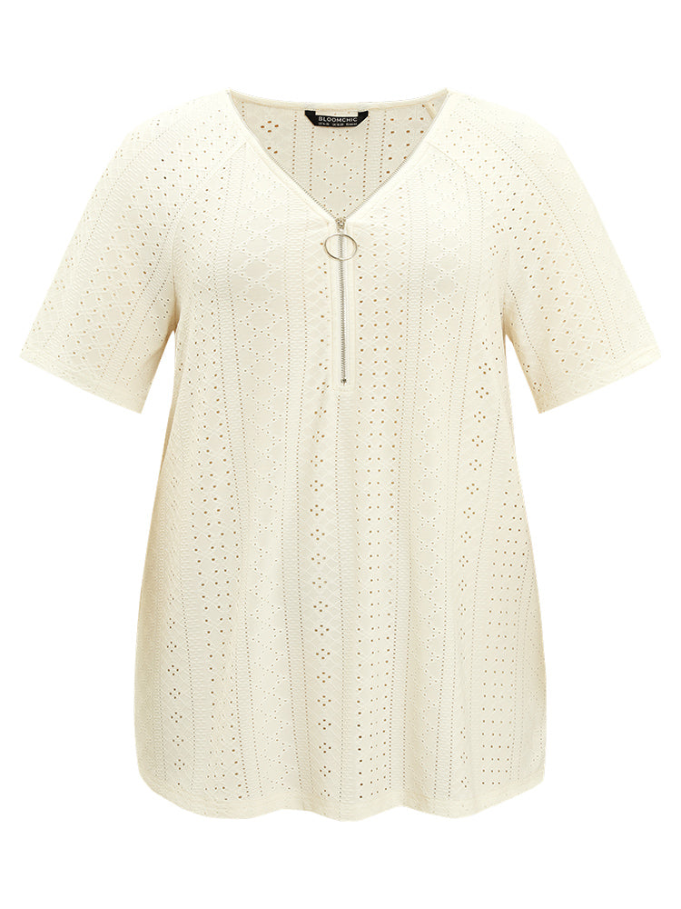 Solid Half Zipper Broderie Anglaise T-shirt