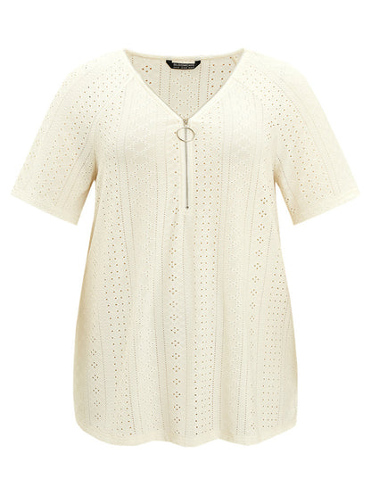 Solid Half Zipper Broderie Anglaise T-shirt