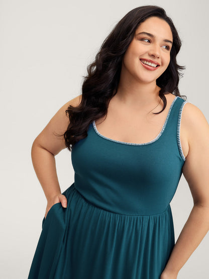 Embroidered Trim Cinched-Waist Stretchy Midi Dress