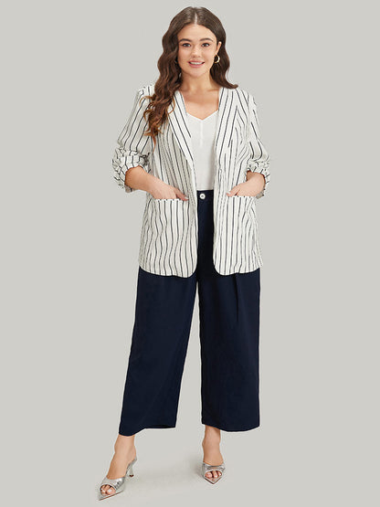 Striped Pocket Gathered Lapel Collar Blazer