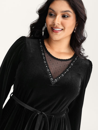Velvet Sheer Neckline Belted Waist Maxi Dress