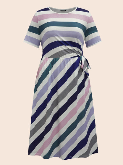 Striped Waist-Tie Half Sleeve Midi Dress