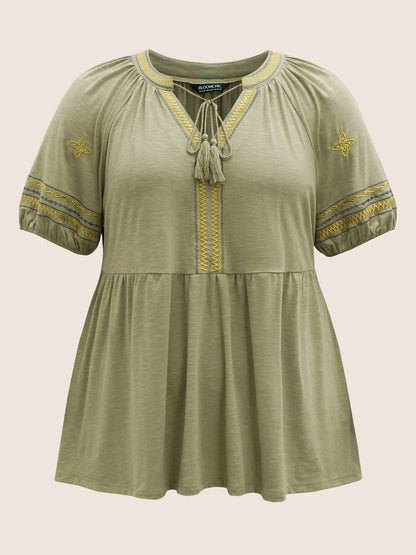 Embroidered Tie Knot Tassels Gathered T-shirt