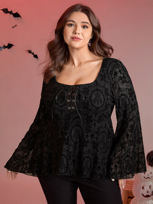 Velvet Mesh Cross-Ties Flared Top