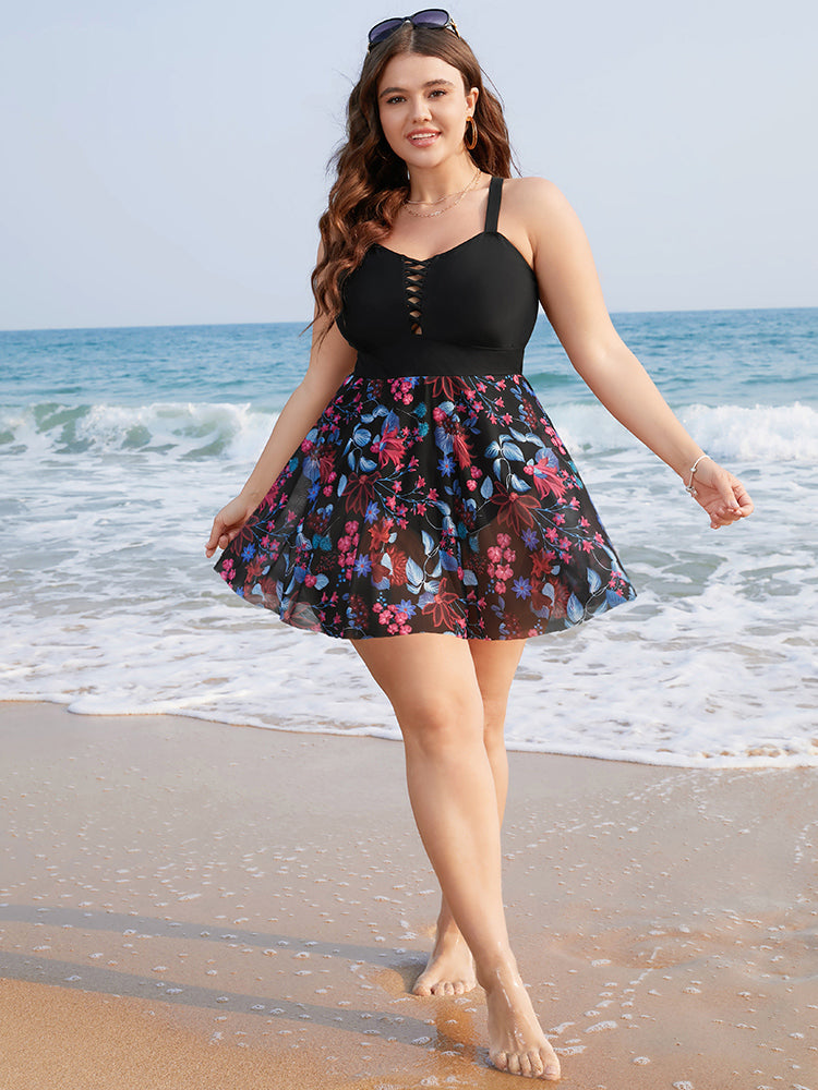 Floral Print Ruffles Crisscross Front Swim Dress