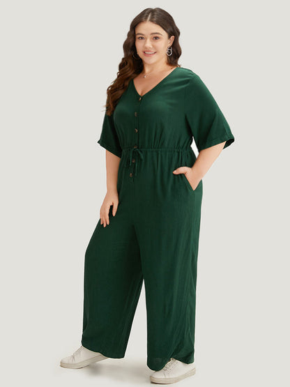Plain Textured V Neck Pocket Button Through Drawstring Jumpsuit