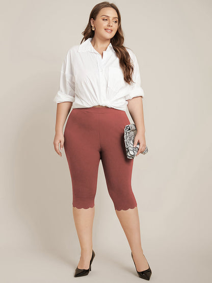 Solid Scalloped Trim Elastic Waist Skinny Leggings