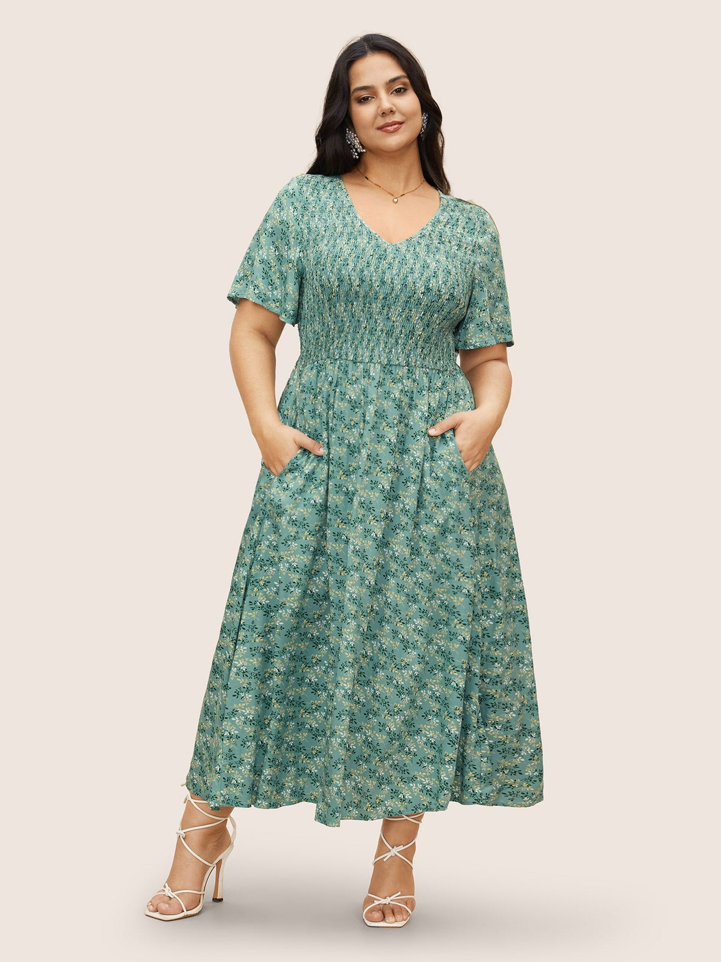 Rayon Ditsy Floral V Neck Shirred Dress