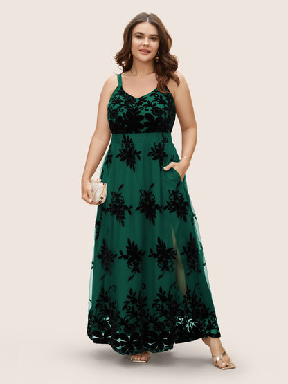 Floral Flocked Tulle Split Hem Dress
