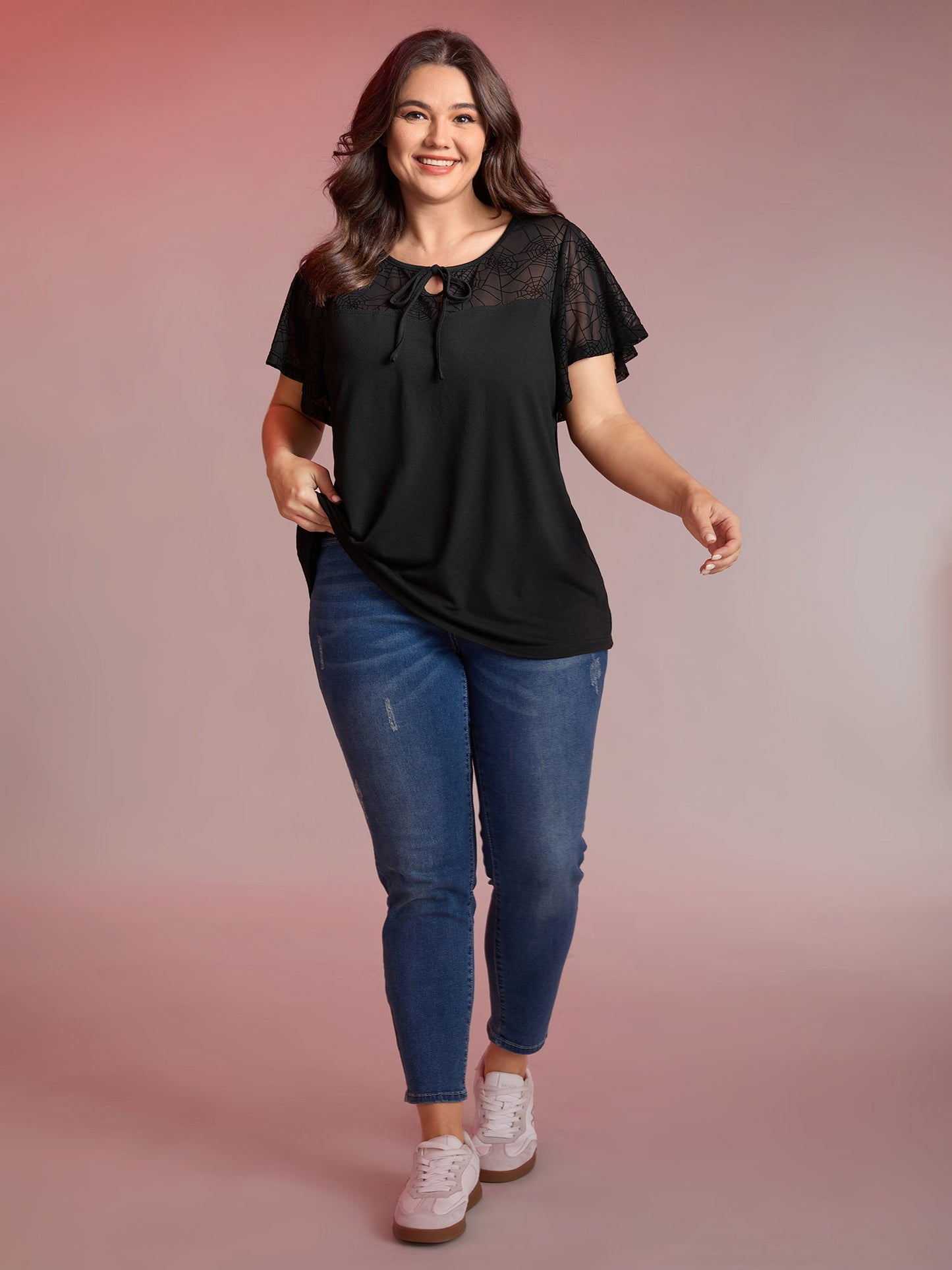 Sheer Neckline Tie Ruffled Sleeve T-Shirt