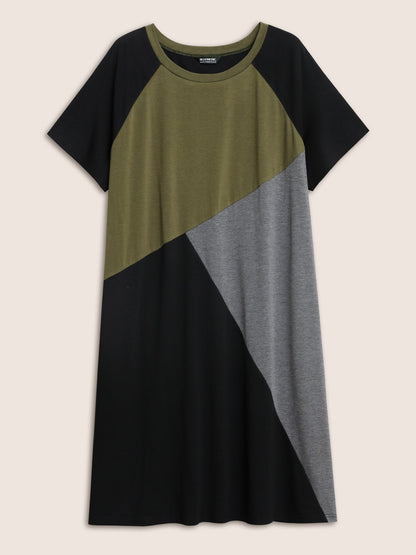 Round Neck Colorblock Contrast Raglan Sleeve Dress