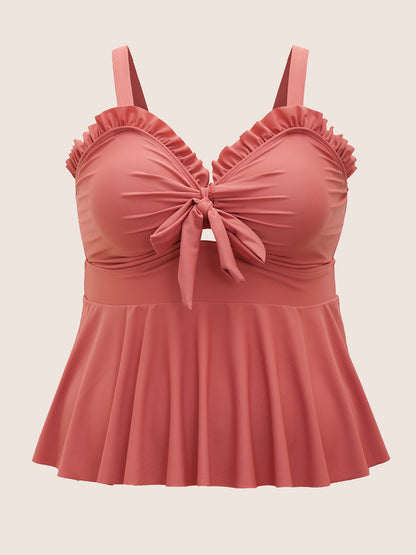 Solid Tie Knot Ruched Frill Trim Swim Top