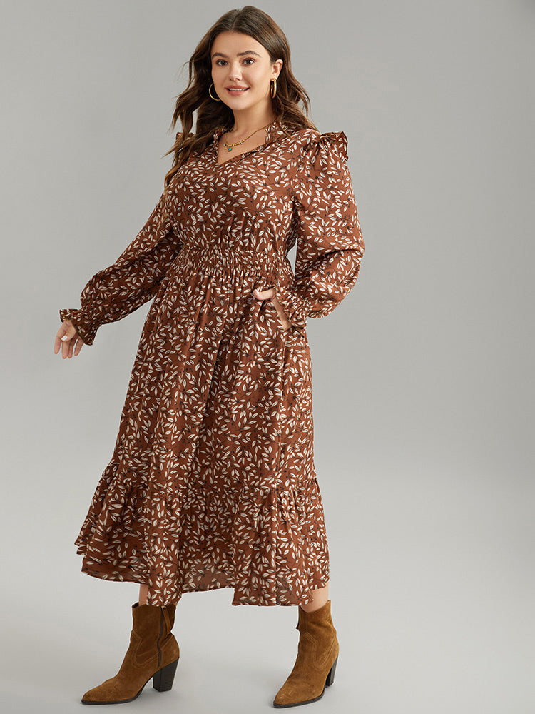Ditsy Floral Flutter Trim Pocket Shirred Dress