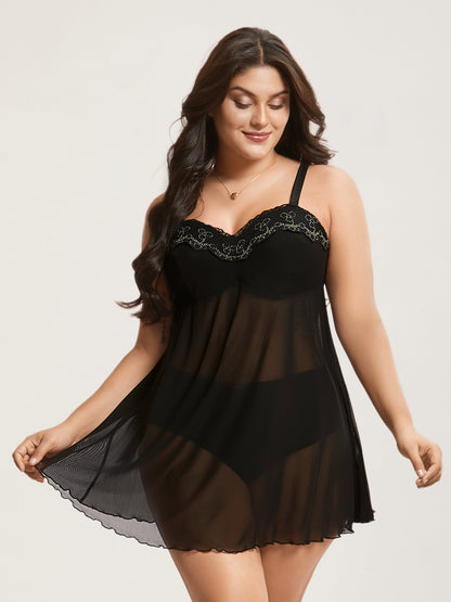 Lace Trim Stitch Sheer Mesh Sleep Dress