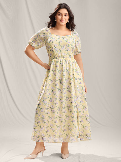 Vine Flower Sweetheart Neck Slit Maxi Dress