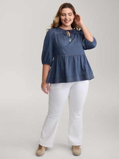 Relaxed-Fit Denim-Style Neck Tie Blouse