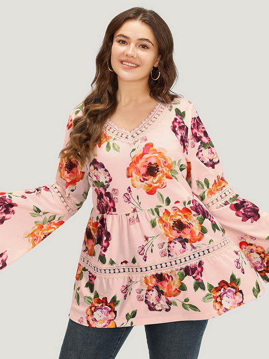 Floral Print Lace Panel Bell Sleeve T-shirt