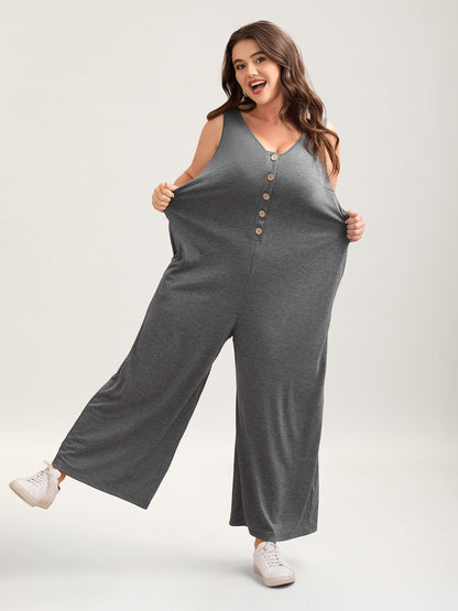 Button-Front Lightweight Wide-Leg Jumpsuit