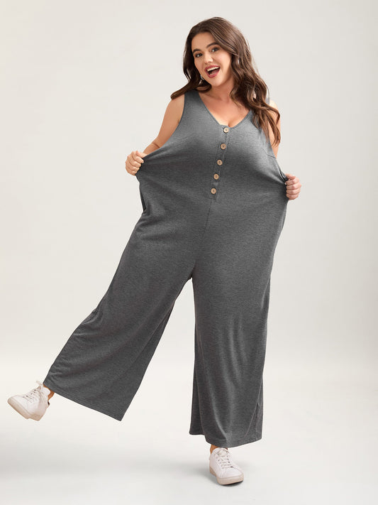Button-Front Lightweight Wide-Leg Jumpsuit