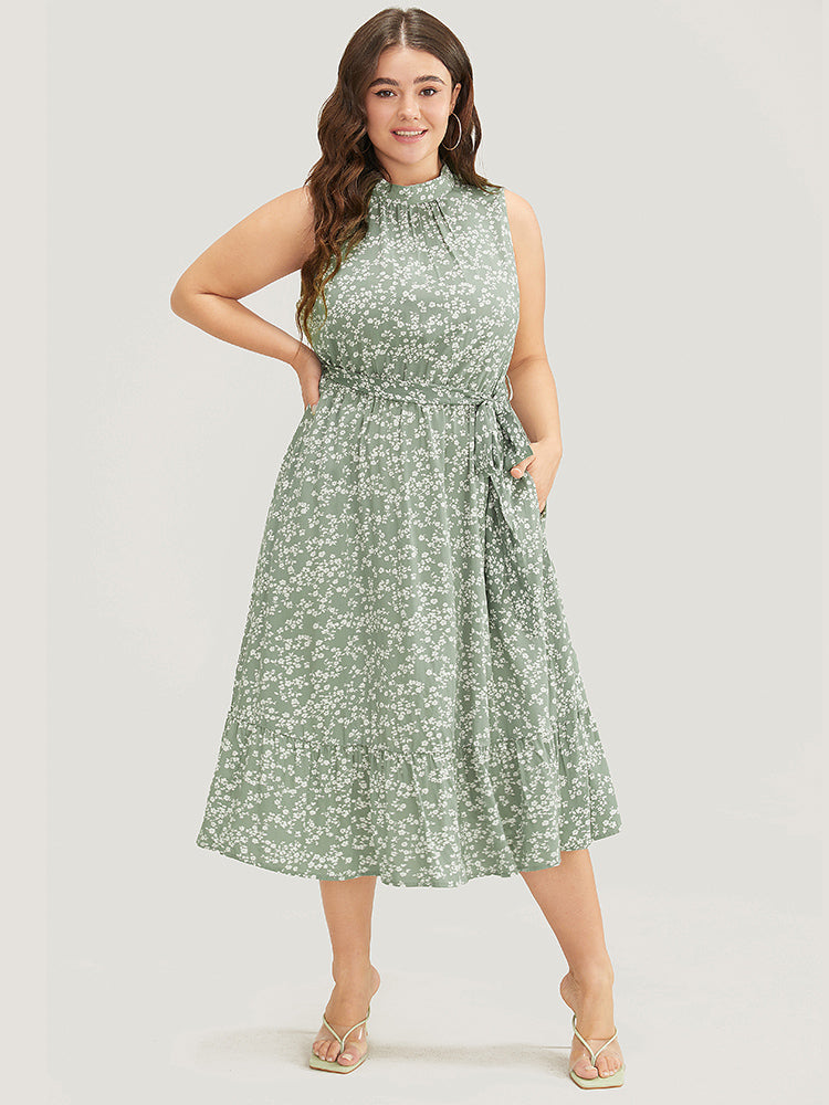Ditsy Floral Keyhole Pocket Belted Mock Neck Ruffles Dress