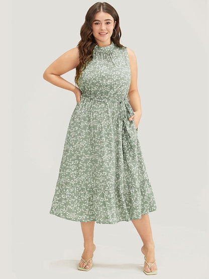 Ditsy Floral Keyhole Pocket Belted Mock Neck Ruffles Dress