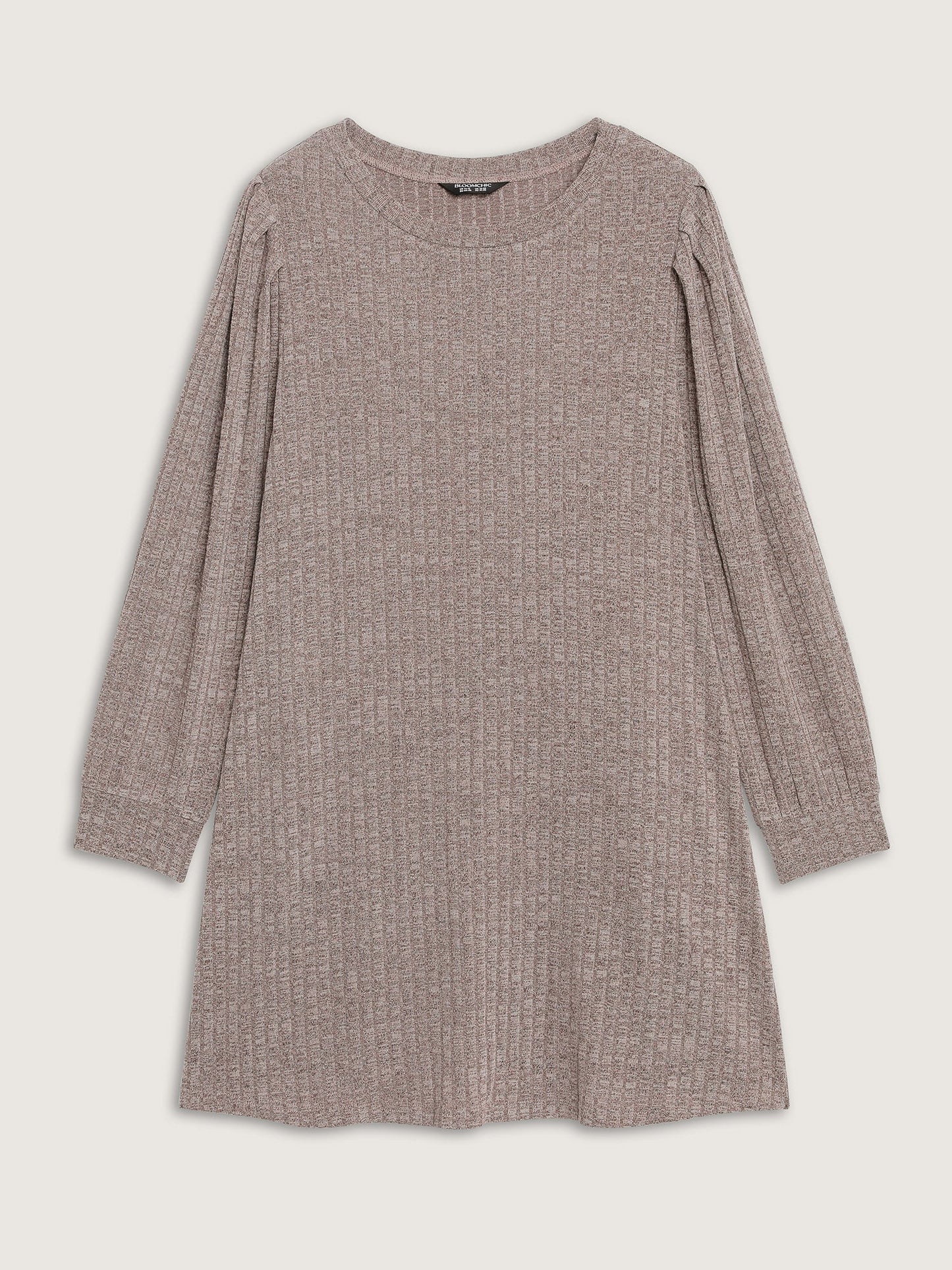 Ribbed Puffy Sleeve Knee-Length Sweater Dress