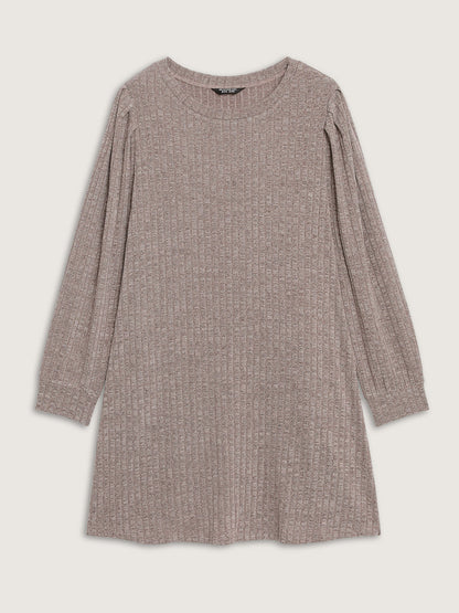 Ribbed Puffy Sleeve Knee-Length Sweater Dress