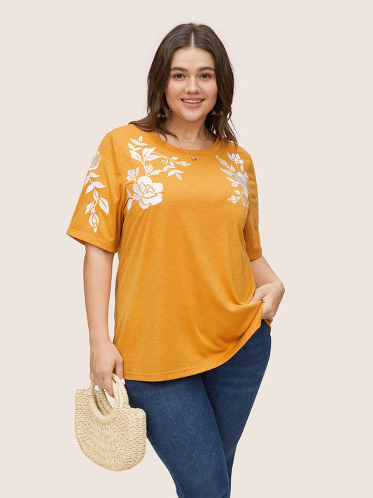 Floral Embroidered Contrast Round Neck T-shirt