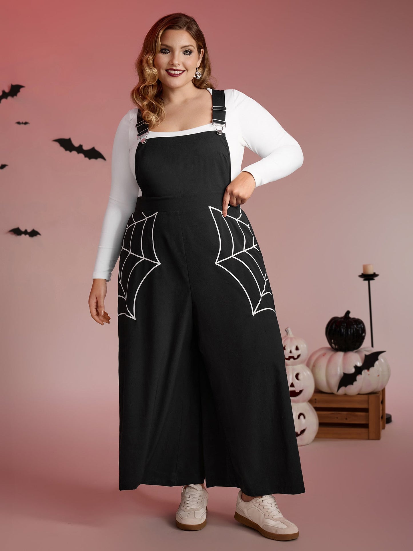 Spiderweb Side Print Overall Straps Jumpsuit